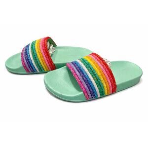 NIB Lauren Lorraine Ria Rainbow Glitter Striped Slides Sandals Green Size 5